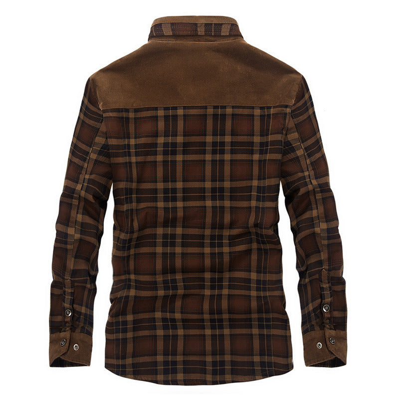 Men's Plaid Colorblock Fleece Lined Pure Cotton Button-Up Jacket