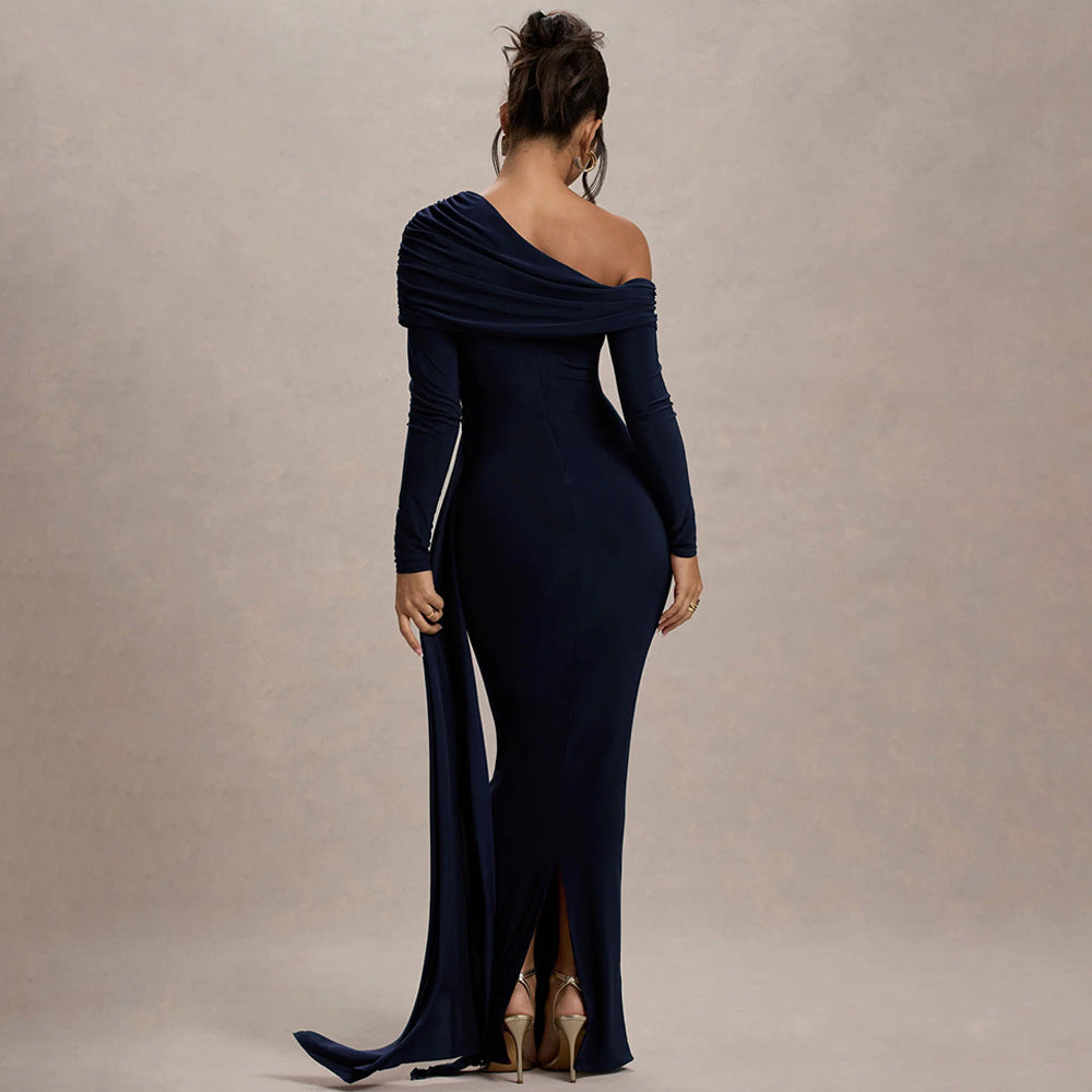 Crossbody Asymmetrical Ruched  Ribbon Train Design Long Sleeve Sheath Maxi Dress