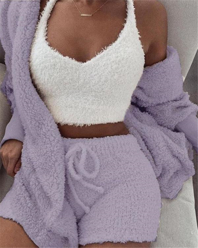 Fleece Solid Color Open Women's Long Sleeve Maxi Cardigan w/ Sash Belt, Crop Tank Top + Drawstring Shorts 3-Piece Knitted Pajamas Set