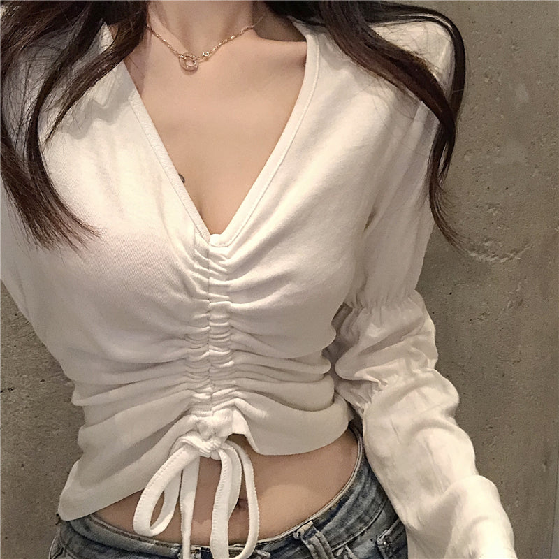 Drawstring V-Neck Women's Long Flared Sleeve Solid Color Shirt