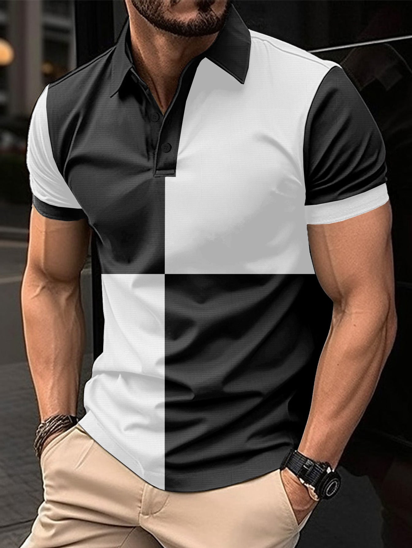 Colorblock Checker Print Turn-Down Collar Button-Up Polo Shirt