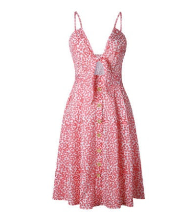 Floral Print/Solid Color Button Front Lace-Up Sleeveless Hollow-Out Backless Midi Dress