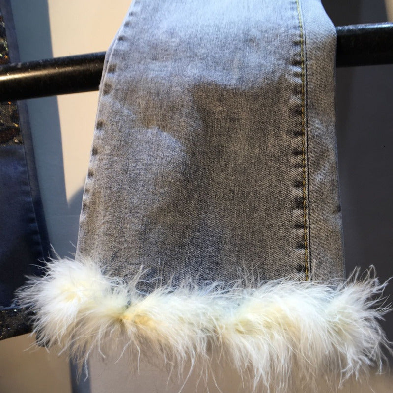Real White Rabbit Fur Lined Hem Denim Women's Flare Leg Jeans