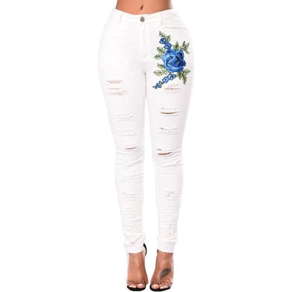 Rose Embroidered Ripped Women's Denim Skinny Jeans to 3X Plus Size