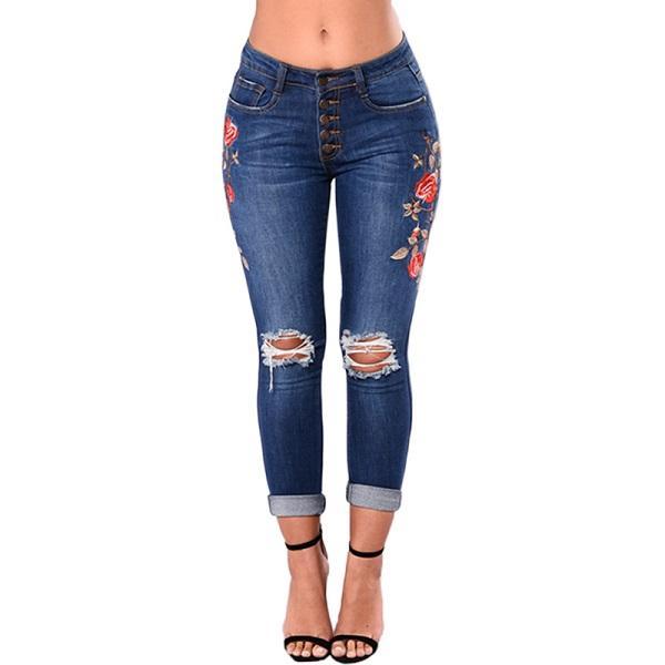 Rose Embroidered Ripped Women's Denim Skinny Jeans to 3X Plus Size