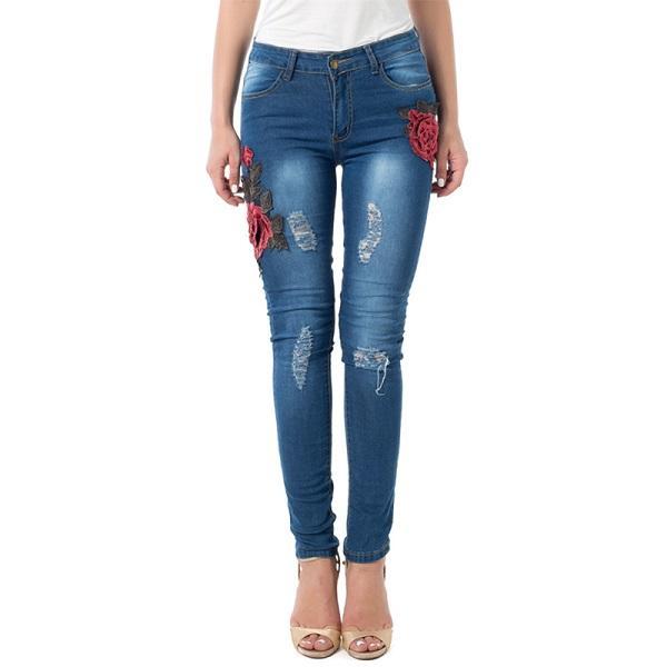 Rose Embroidered Ripped Women's Denim Skinny Jeans to 3X Plus Size