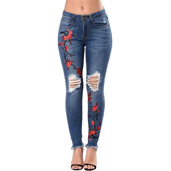 Rose Embroidered Ripped Women's Denim Skinny Jeans to 3X Plus Size