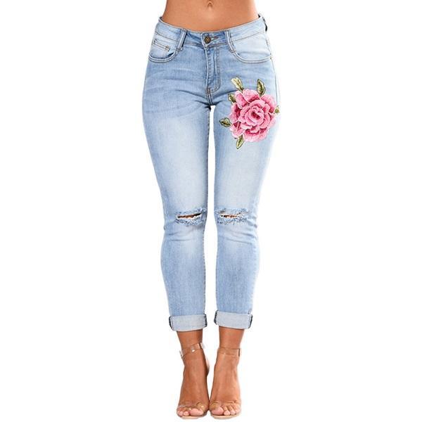 Rose Embroidered Ripped Women's Denim Skinny Jeans to 3X Plus Size