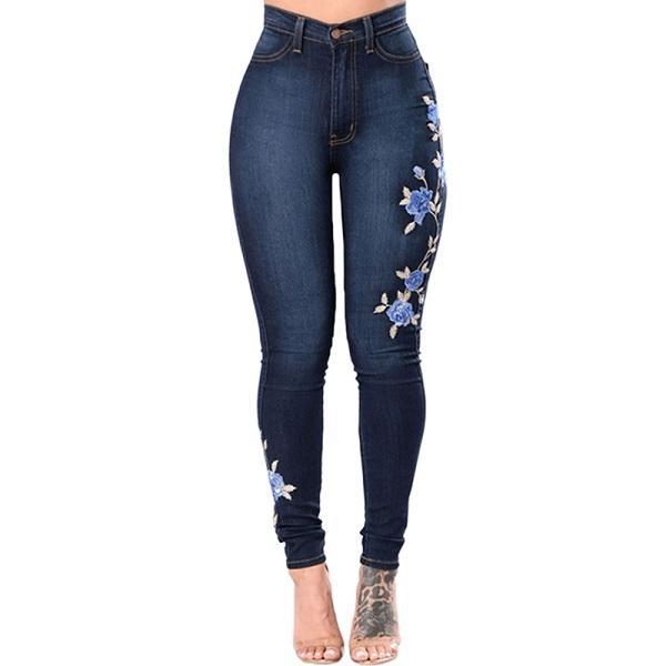 Rose Embroidered Ripped Women's Denim Skinny Jeans to 3X Plus Size