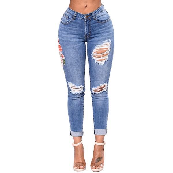 Rose Embroidered Ripped Women's Denim Skinny Jeans to 3X Plus Size