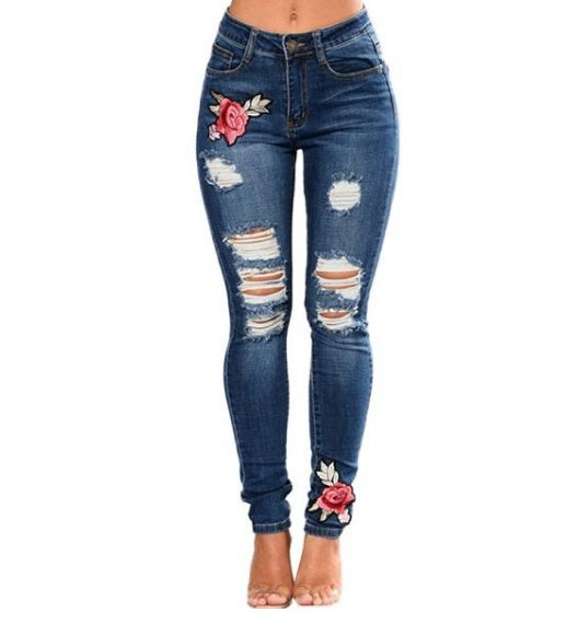 Rose Embroidered Ripped Women's Denim Skinny Jeans to 3X Plus Size