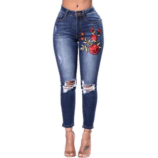 Rose Embroidered Ripped Women's Denim Skinny Jeans to 3X Plus Size