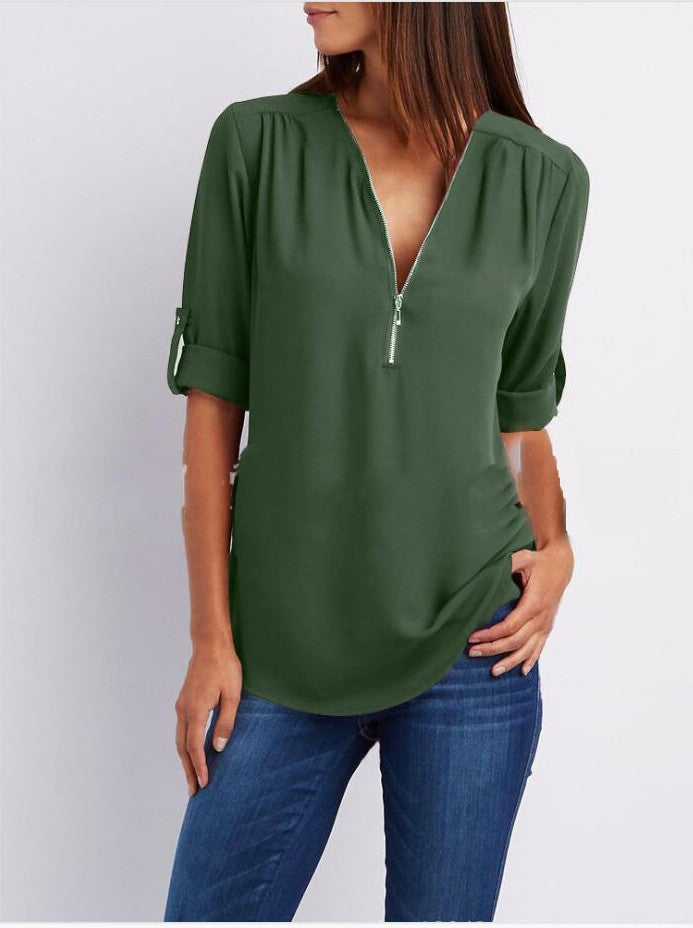 Solid Color V-Neck Short Sleeve Women's Zipper Shirt to 5X Plus Size