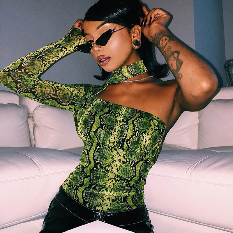 Green Serpentine Print Asymmetrical One Sleeve Women's Skinny Bodysuit
