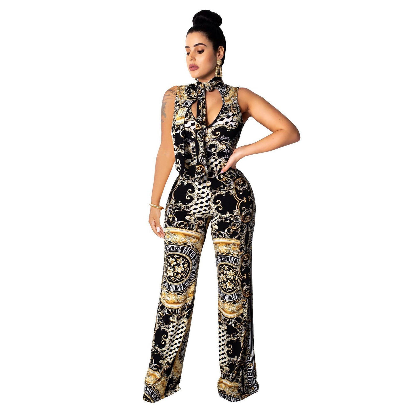 Baroque Yellow/White/Black Print Sleeveless Cut-Out Neckline Women's Jumpsuit
