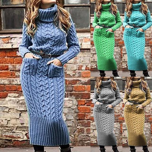 Weaved Turtleneck Double Pocket Design Knitted Long Sleeve Maxi Sweater Dress to 3X Plus Size