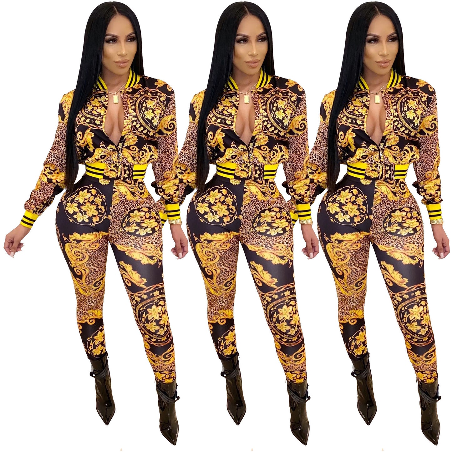 Floral Leopard Baroque Print Long Sleeve Zipper Bomber Jacket + Skin Tight Leggings Women's 2-Piece Set