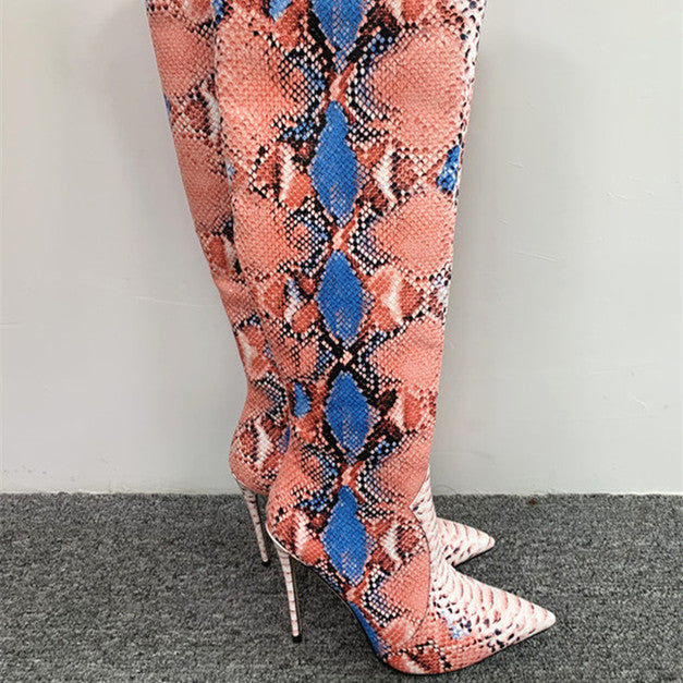 Colorblock Snakeskin Print Women's Stiletto Heel Knee High Boots