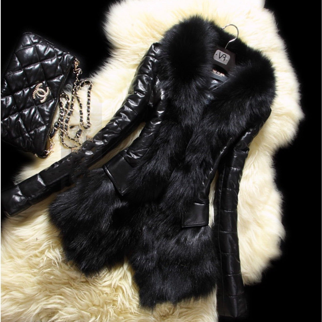 Black Shiny PU Leather Faux Fur Collar Women's Jacket