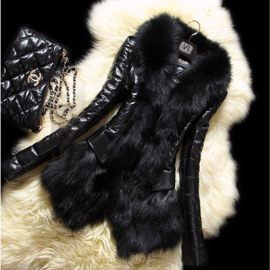 Black Shiny PU Leather Faux Fur Collar Women's Jacket