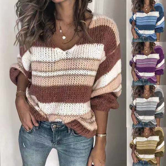 Striped Colorblock Women's V-Neck Long Sleeve Sweaters to 3X Plus Size