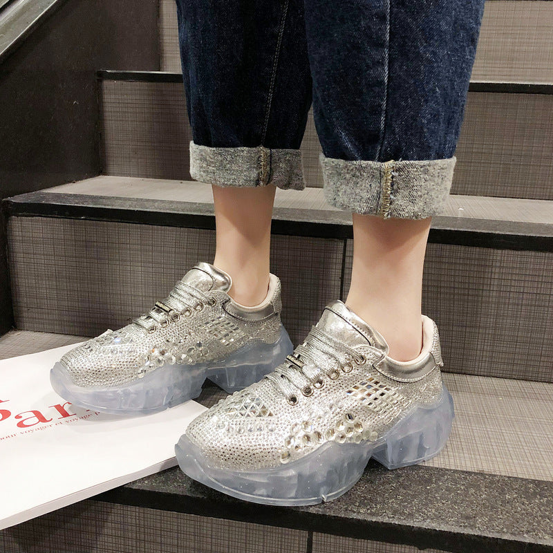 Silver Metallic Rhinestone Vulcanized Women's Sneakers