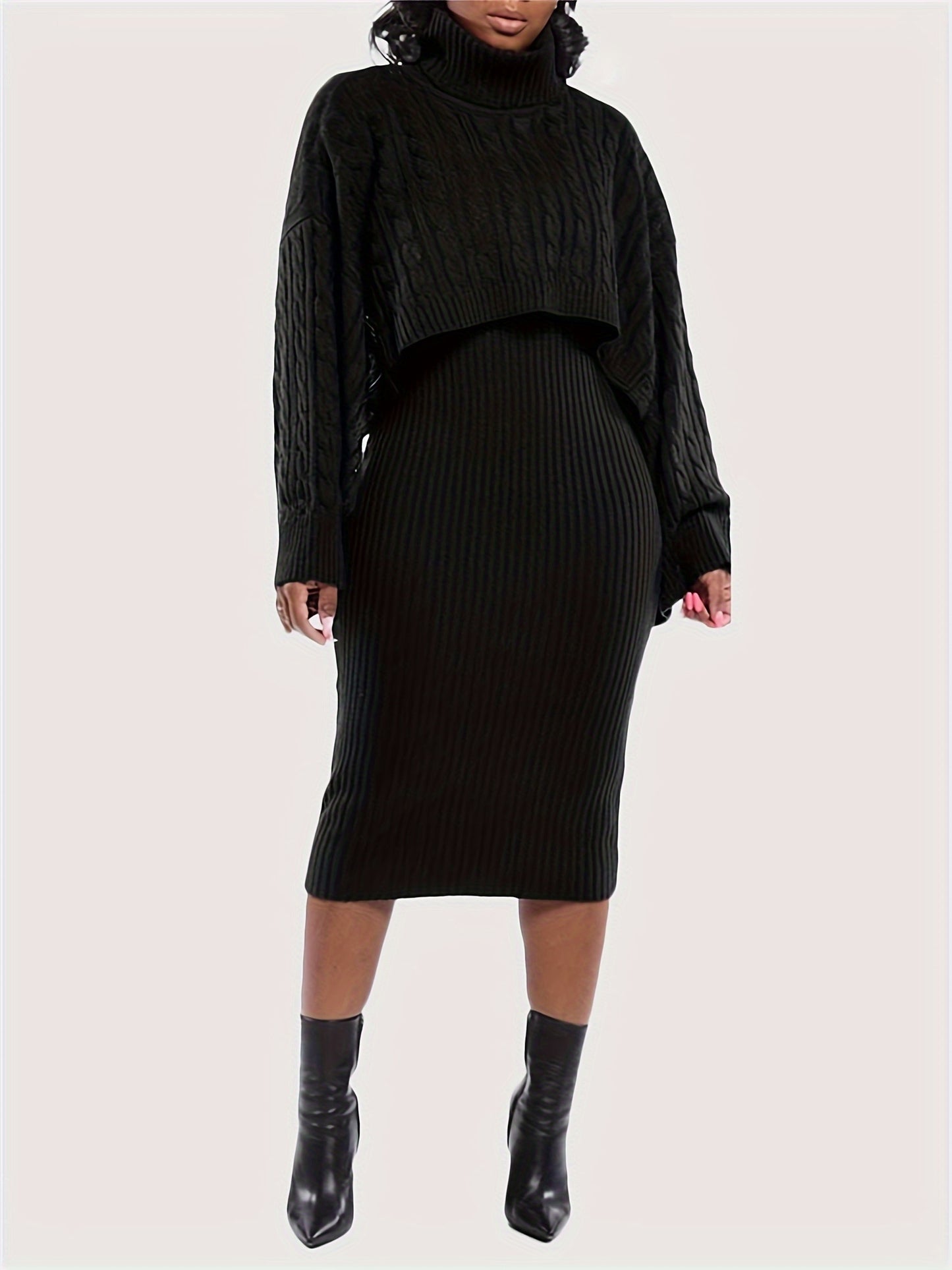 Turtleneck Knitted Weave Pattern Baggy Cape Sleeve Long Sleeve Sweater + Ribbed Tank Sweater Dress 2-Piece Set