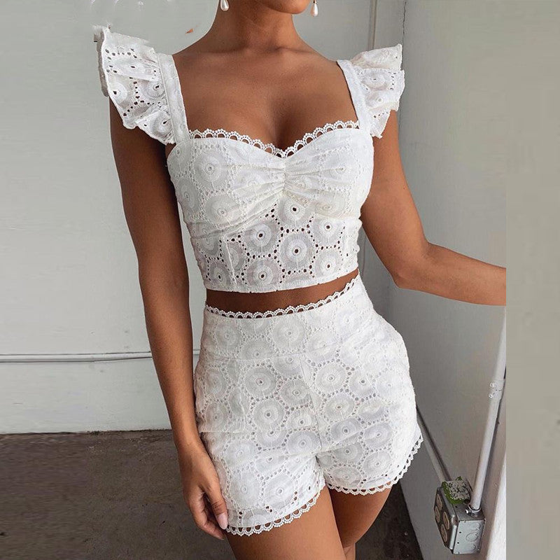 White Sleeveless Lace Bustier Top + Shorts Women's 2-Piece Set