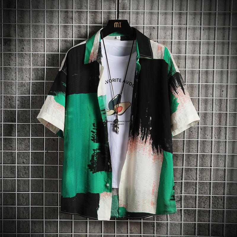 Men's Colorblock Tie-Dye Short Sleeve Turn-Down Collar Shirt