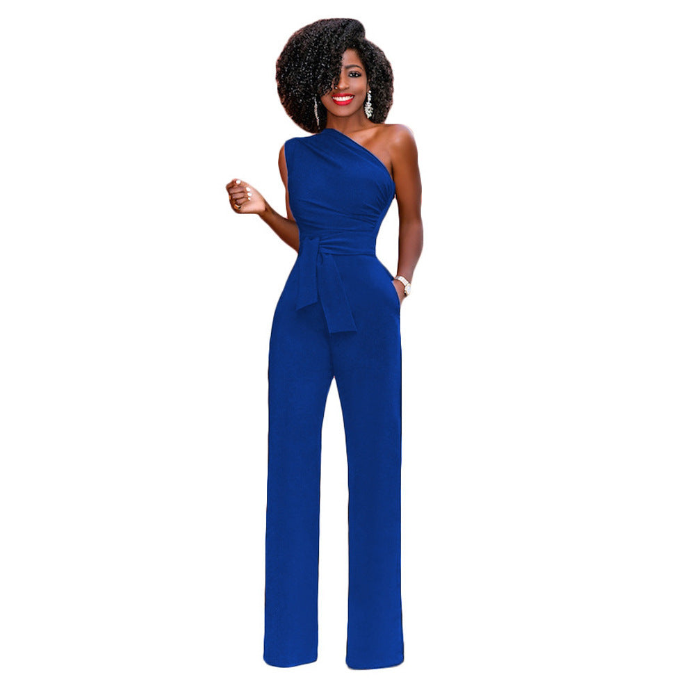 Asymmetrical One Shoulder Solid Color Sash Belted Women's Party Jumpsuit