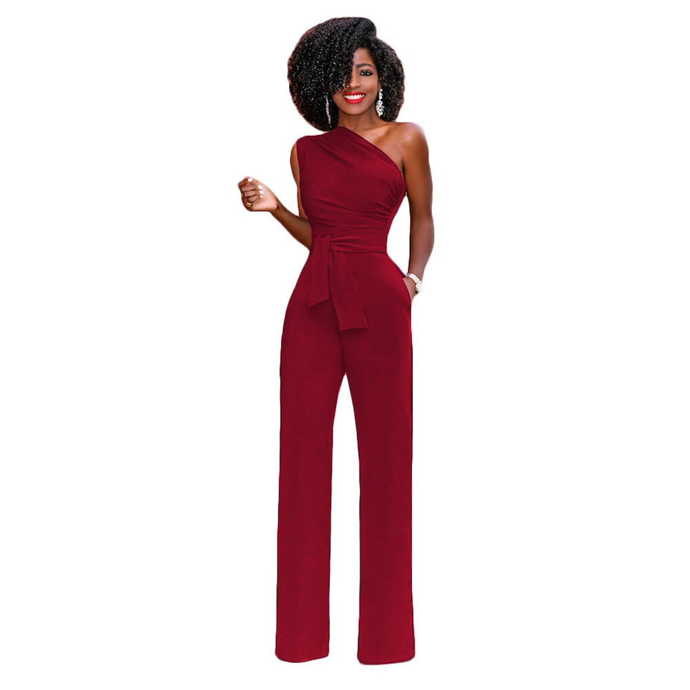 Asymmetrical One Shoulder Solid Color Sash Belted Women's Party Jumpsuit