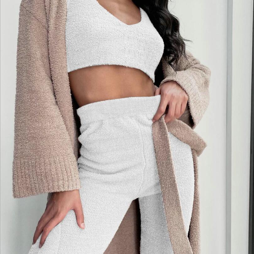 Fleece Solid Color Open Women's Long Sleeve Maxi Cardigan w/ Sash Belt, Crop Tank Top + Drawstring Shorts 3-Piece Knitted Pajamas Set