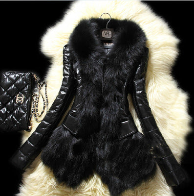 Black Shiny PU Leather Faux Fur Collar Women's Jacket