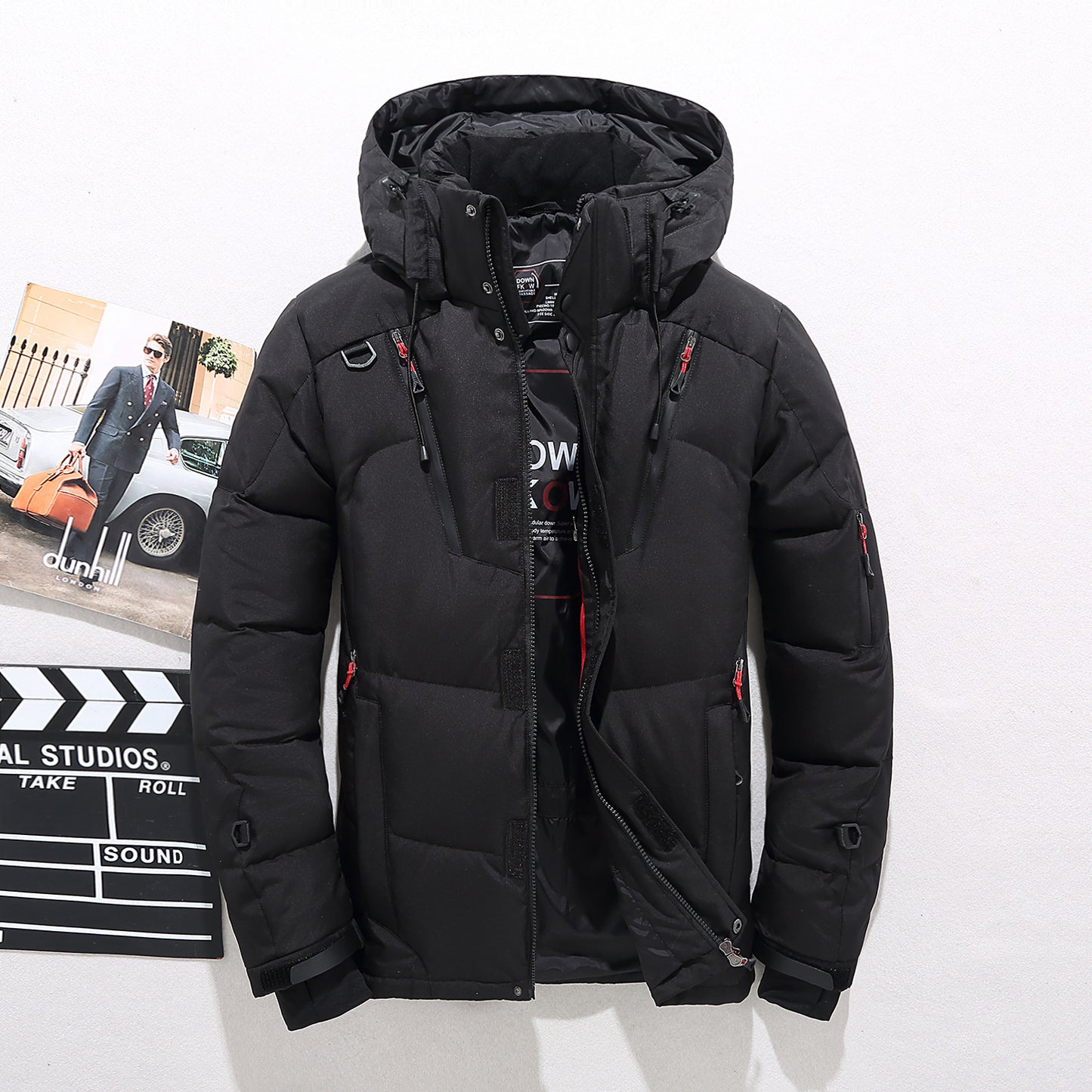 Padded Men's Zipper Patchwork Drawstring Design Detachable Hooded Goose Down Puffer Jacket