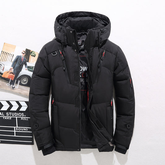Padded Men's Zipper Patchwork Drawstring Design Detachable Hooded Goose Down Puffer Jacket