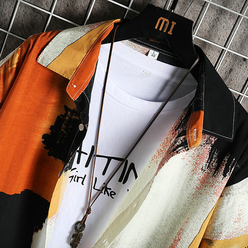 Men's Colorblock Tie-Dye Short Sleeve Turn-Down Collar Shirt
