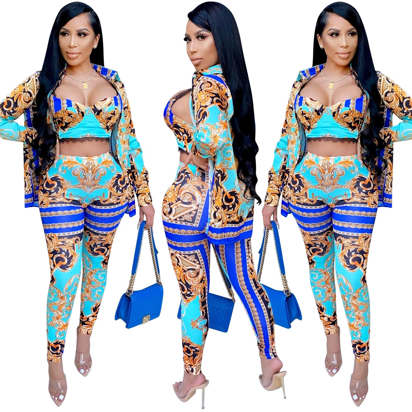 Paisley Baroque Print Women's Long Sleeve Blouse + Corset Crop Bra + Matching Leggings 3-Piece Set