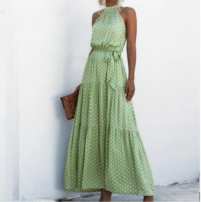 Sleeveless Polka Dot Print Tiered Mock Neck Sash Belt Maxi Dress