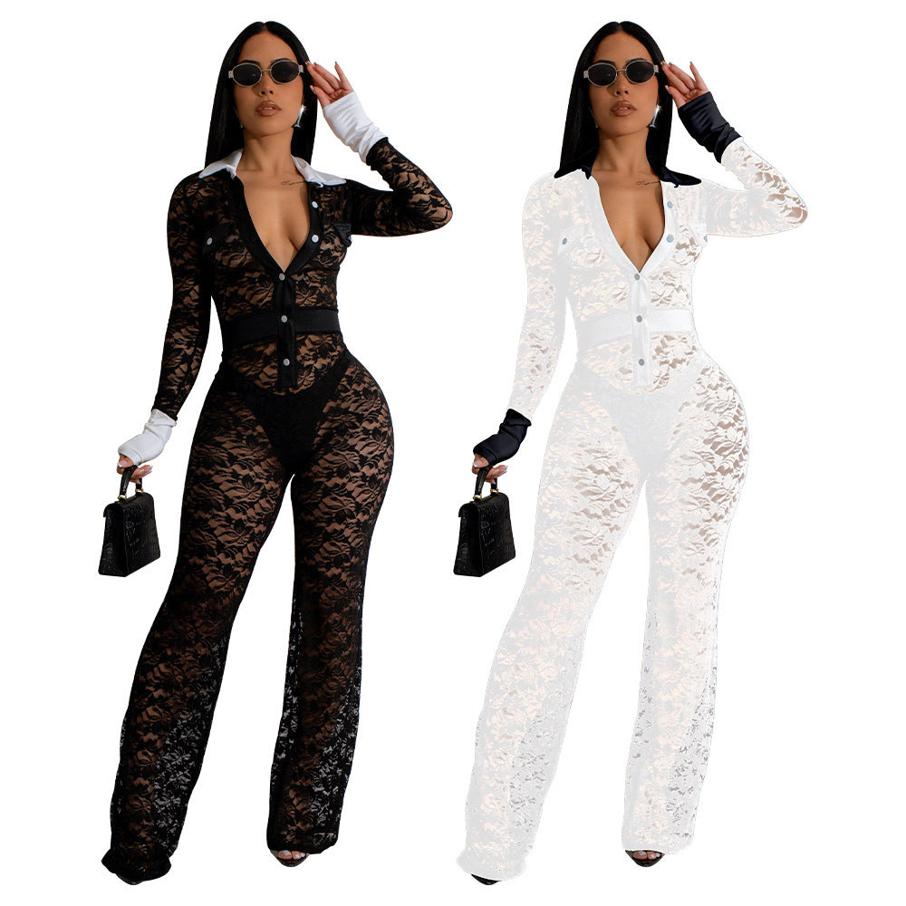 Sheer Lace Transparent Long Sleeve Button-Up Jumpsuit