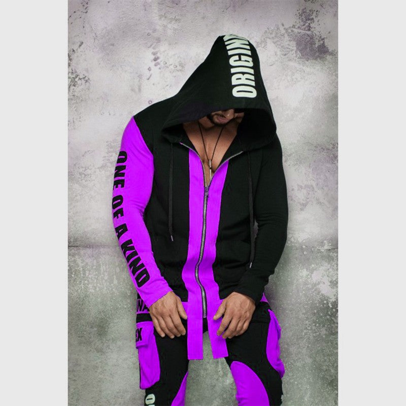Men's Colorblock Letter Print Hip-Hop Zipper Hoodie Jacket + Skinny Jogger Sweatpants Tracksuit
