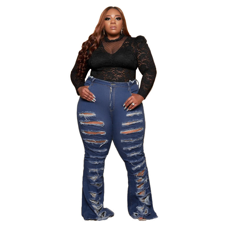 Denim Ripped Torn Hollow-Out Fringe Design Women's Jeans to 5X Plus Size