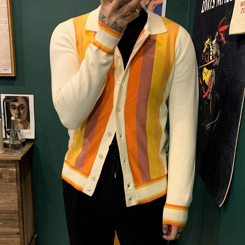 Men's Striped Colorblock Turn-Down Collar Button-Up Sweater