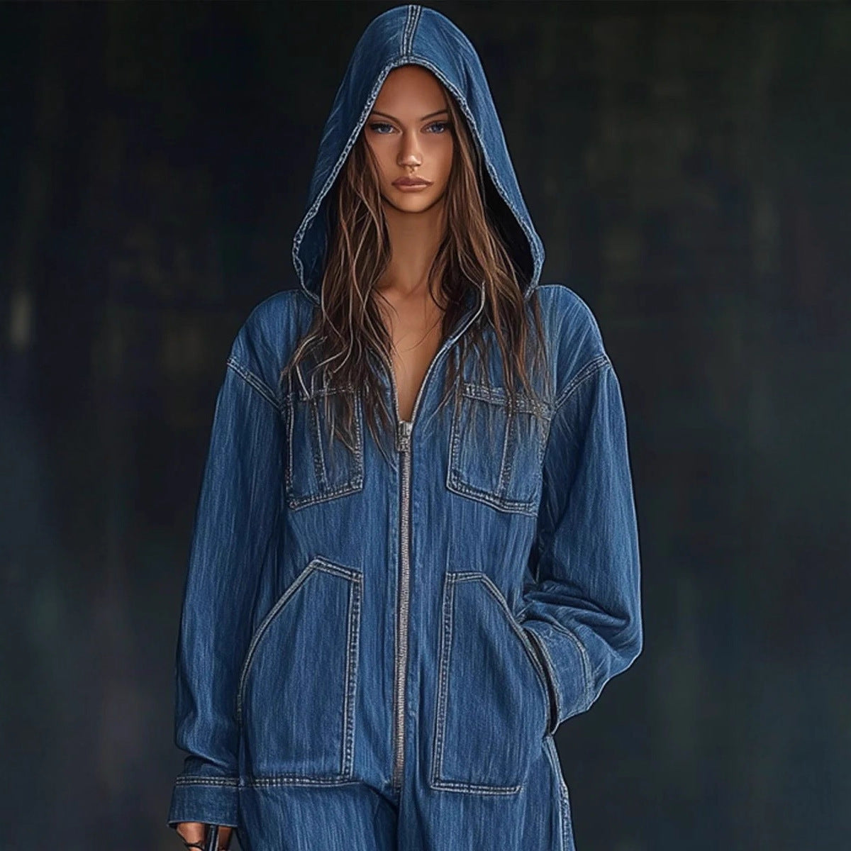 Denim Blue/Black Baggy Long Sleeve Oversized Women's Zipper Front Overall Hoodie Jeans Jumpsuit