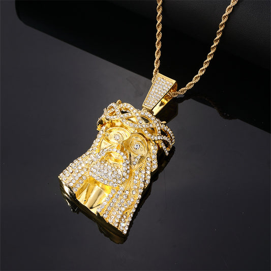 Jesus Piece Hip-Hop Iced Cubic Zirconia Gold Plated Pendant Micro Inlaid Rope Chain Necklace