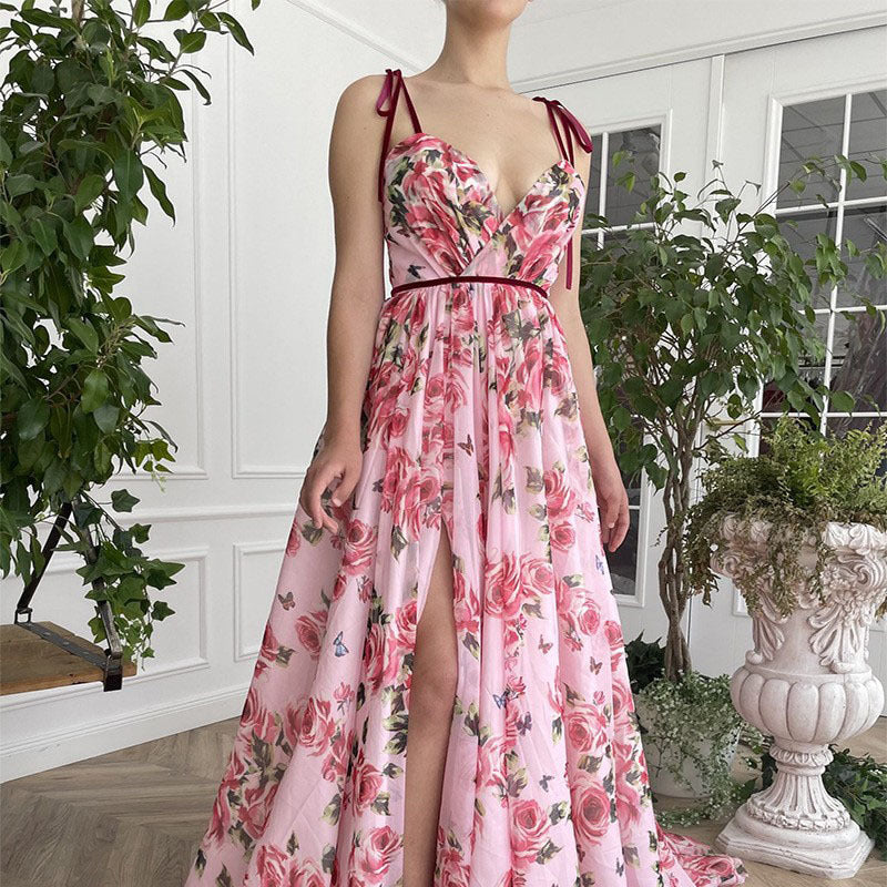 Pink Vintage Flower Print Spaghetti Strap Sleeveless V-Neck High Slit Maxi Dress