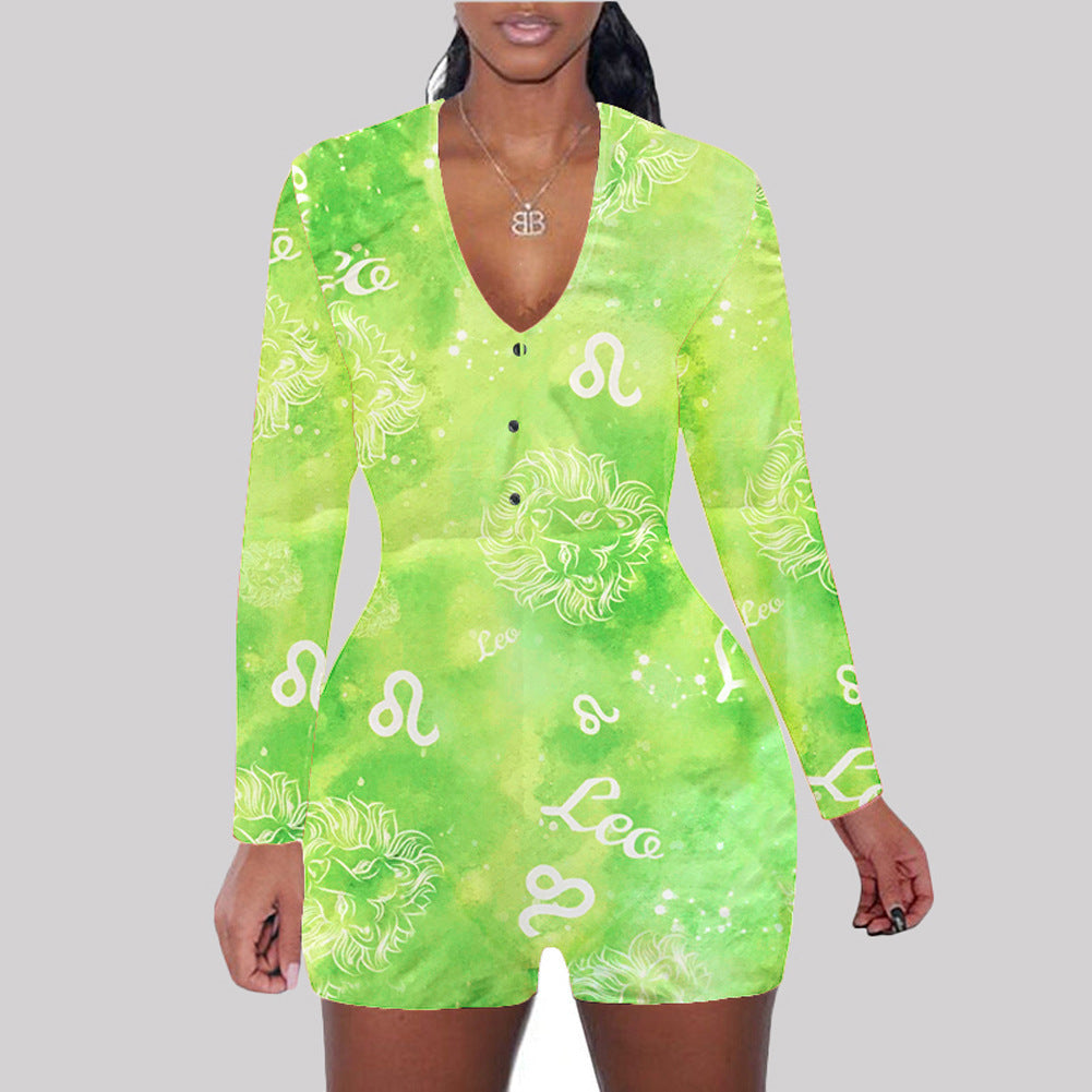Astronomy Print Long Sleeve V-Neck Bodycon Women's One Piece Shorts Romper