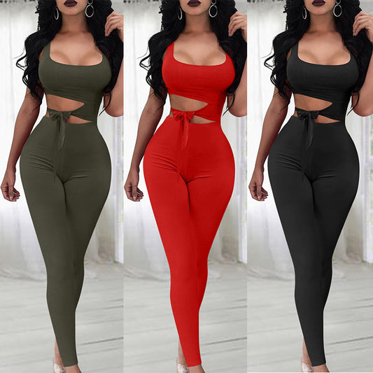 Sleeveless Lace-Up Hollow-Out Solid Color Skinny Jumpsuit