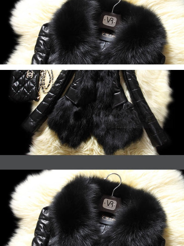 Black Shiny PU Leather Faux Fur Collar Women's Jacket