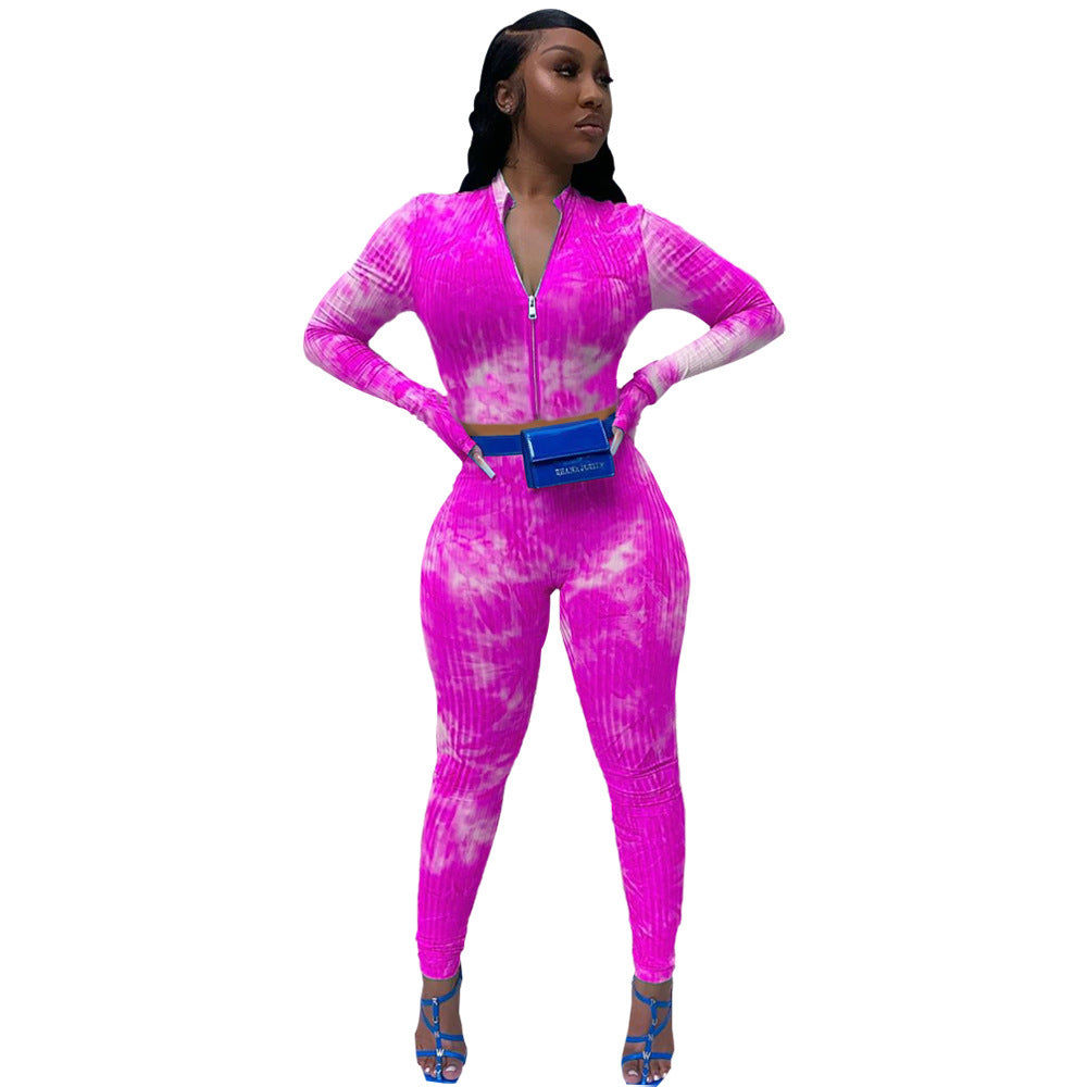 Tie-Dye Print Ribbed Long Sleeve Fitness Zipper Crop Jacket + Skinny Workout Gym Leggings Women's Tracksuit