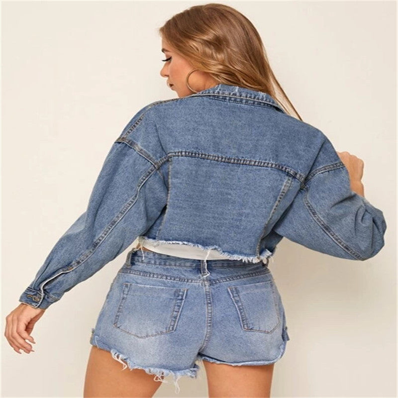 Denim Button-Up Women's Cropped Fringe Hem Jean Jacket